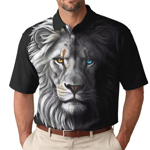 Split Lion Face White Black Golden Orange Blue Eyes - Wildlife Lover Gift Men's Polo Shirt