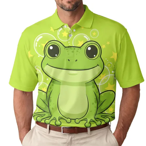 Smiling Black Eyed Frog with Bubbles and Stars - Everyday Style Animal Lover Gift Men's Polo Shirt