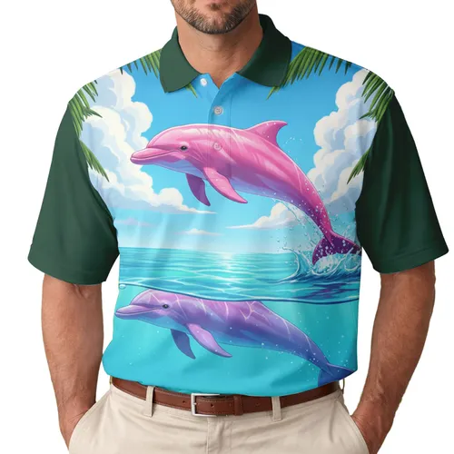 Pink Dolphins Tropical Ocean Palm Trees - Wildlife Lover Gift Men's Polo Shirt