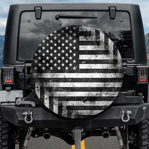 Distressed Monochrome American Flag - Independence Day Gift for Veterans Spare Tire Cover