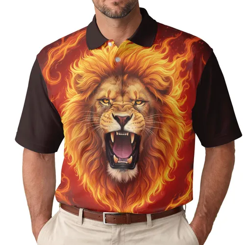Roaring Lion with Fiery Mane and Firestorm Background - Wildlife Lover Gift Men's Polo Shirt