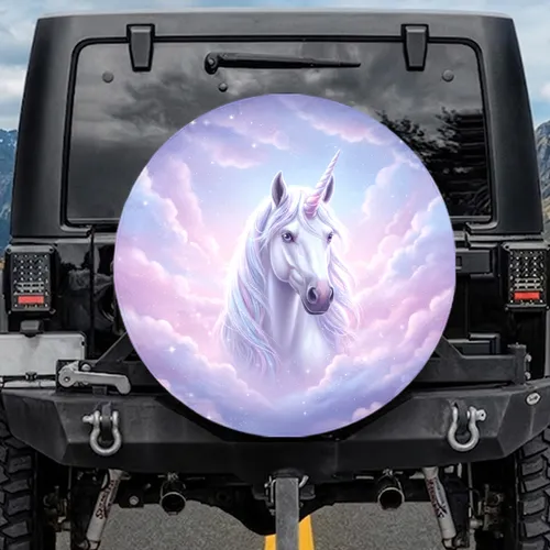 White Unicorn Luminescent Clouds Stars - Fantasy Lover Gift Spare Tire Cover