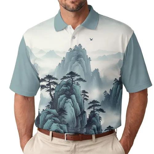 Jagged Mountain Ranges Pine Trees Mist - Nature Lover Gift for Outdoor Explorer Men's Polo Shirt