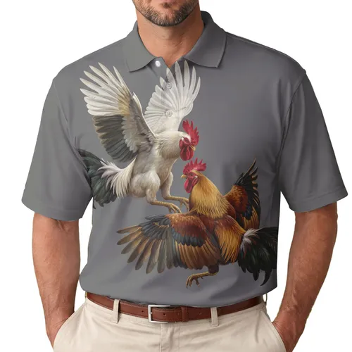 White Golden-Brown Feathered Roosters Mid-Flight Clashing - Wildlife Lover Gift Men's Polo Shirt