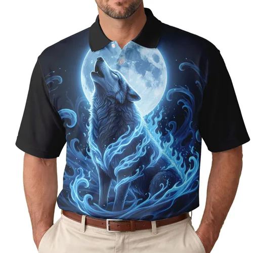 Majestic Wolf Howling Full Moon Blue Flames - Wildlife Lover Gift Men's Polo Shirt