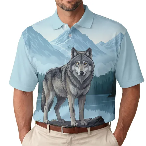 Gray Wolf Rocky Embankment Snowy Mountain Lake Forest - Wildlife Lover Gift Men's Polo Shirt