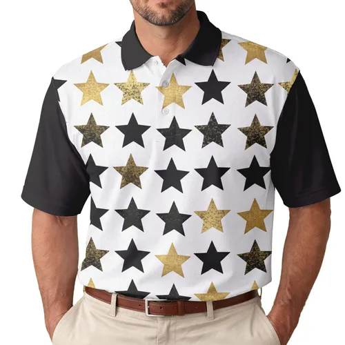 Crisp Scattered Black Gold Five-Pointed Stars - Versatile Everyday Wear Men's Polo Shirt