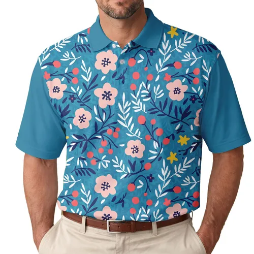 Botanical Pink Flower Clusters Red Berries Yellow Blooms White Sprigs Branches - Everyday Lifestyle Gift Men's Polo Shirt