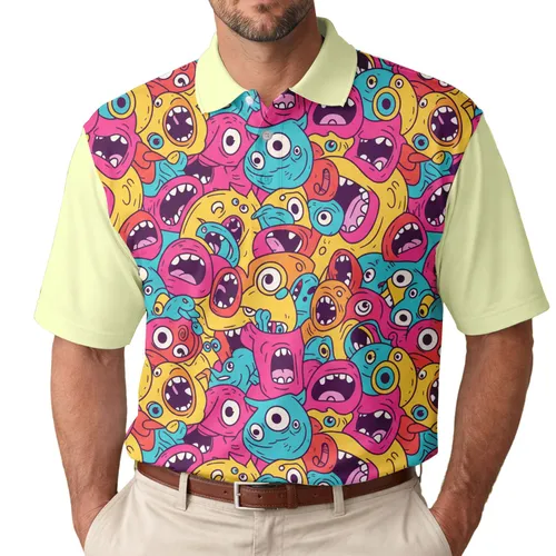 Monster Faces Wide Open Mouths Pink Tongues White Teeth Expressive Eyes - Everyday Wear Men's Polo Shirt