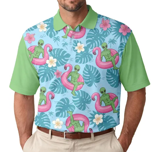 Muscular Green Alien Pink Flamingo Swimming Ring Lush Tropical Hibiscus - Summer Vacation Wear Men's Polo Shirt