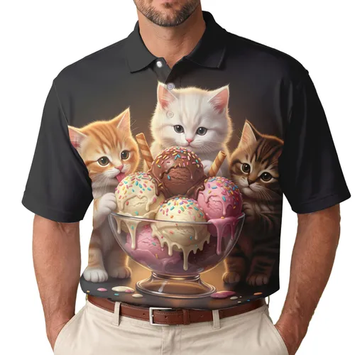 Three Fluffy Kittens Ice Cream Bowl - Sweet Treat Lover Gift for Cat Lovers Men's Polo Shirt