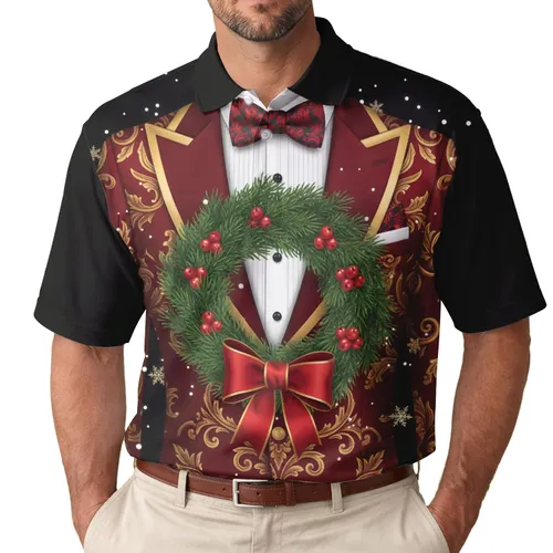 Christmas Tuxedo Jacket Gold Baroque Pine Wreath Garland - Festive Holiday Season Gift Men's Polo Shirt