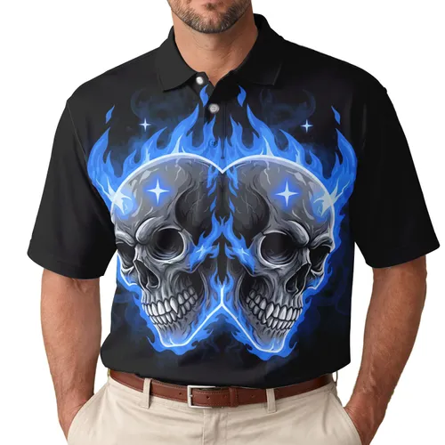 Skull Eye Sockets Teeth Blue Fire Horns Stars Tendrils - Skull Lover Gift Men's Polo Shirt