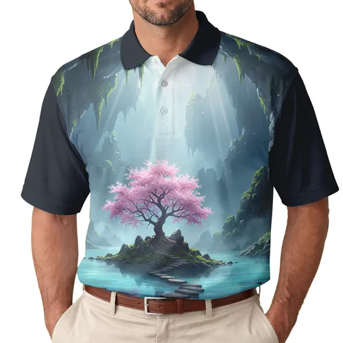 Sunlit Grotto Cave Cherry Blossom Tree Island Water Scene - Nature Lover Gift Men's Polo Shirt