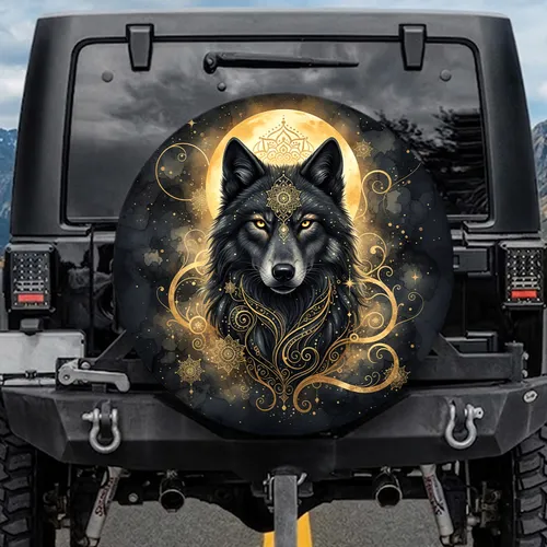 Black Wolf Golden Mandala Celestial Moon - Wildlife Lover Gift for Wolf Lover Spare Tire Cover