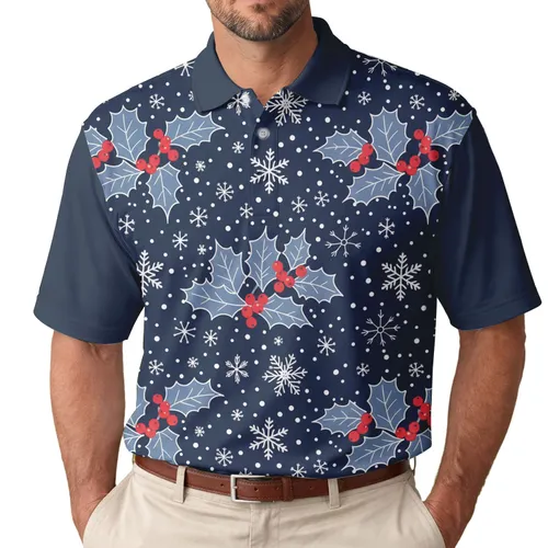 Holly Branches Red Berries Snowflakes Falling Snow - Christmas Celebration Gift Men's Polo Shirt