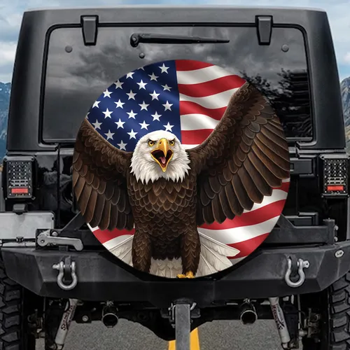 Majestic Bald Eagle American Flag - Independence Day Gift for Patriotic US Veterans Spare Tire Cover