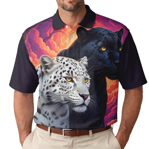 White Leopard Black Panther Silhouetted Trees Glowing Mist - Wildlife Lover Gift Men's Polo Shirt
