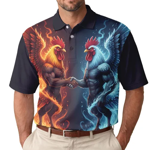 Anthropomorphic Muscular Roosters Fire Ice Handshake - Strength Symbol Wildlife Lover Gift Men's Polo Shirt