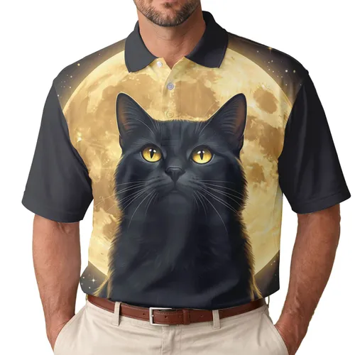 Black Cat Gazing Luminous Golden Full Moon Stars Dark Night Sky - Celestial Lover Gift Men's Polo Shirt