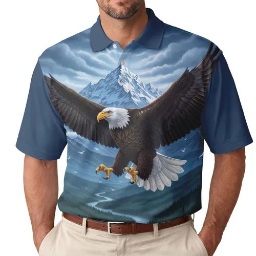 Bald Eagle Snow-Capped Mountain Pine Forest River Valley Sky - Wildlife Lover Gift Men's Polo Shirt