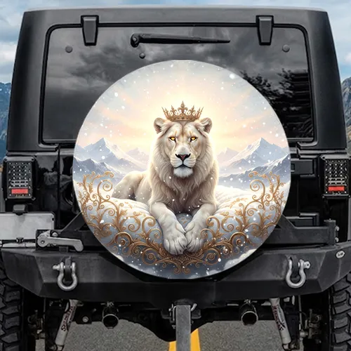 White Lion Golden Crown Snowy Mountain Vista - Wildlife Lover Gift Spare Tire Cover