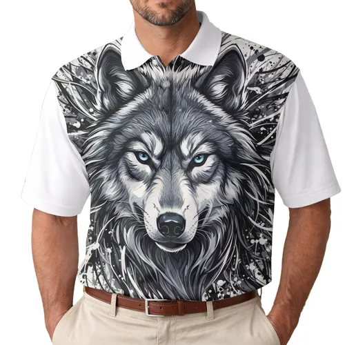 Wolf Head Facing Forward Ink Splatter Flowing Lines - Wildlife Lover Gift for Wolf Enthusiasts Men's Polo Shirt