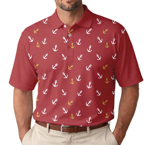 White Anchors Gold Accents Deep Red - Anchor Lover Casual Lifestyle Gift for Friends Men's Polo Shirt