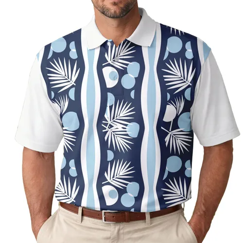 Palm Fronds Circles Wavy Scalloped Vertical Stripes - Summer Lifestyle Gift Men's Polo Shirt