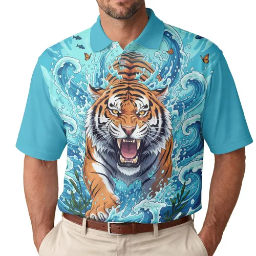 Powerful Roaring Tiger Stripes Turbulent Water Waves - Ocean Lover Gift Men's Polo Shirt