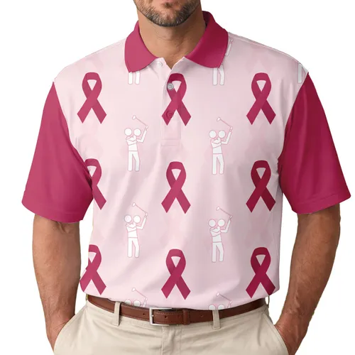 Golf Stick Figures Breast Cancer Ribbons - Breast Cancer Support Gift Men's Polo Shirt