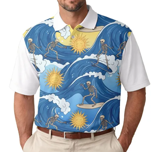 Skeletons Surfing Large Curling Ocean Waves, Bright Suns - Ocean Lover Gift for Surfers Men's Polo Shirt