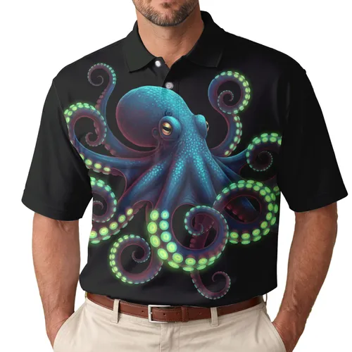 Realistic Vibrant Bioluminescent Octopus with Glowing Suckers - Marine Lover Gift Men's Polo Shirt