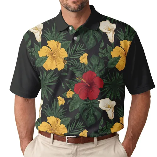 Tropical Hibiscus Lilies Flower Buds Foliage - Everyday Wear Gift for Nature Lover Men's Polo Shirt
