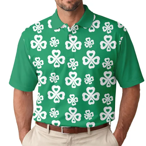 Green Field Scattered White Shamrock Heart Leaves - St. Patrick's Day Celebration Gift Men's Polo Shirt