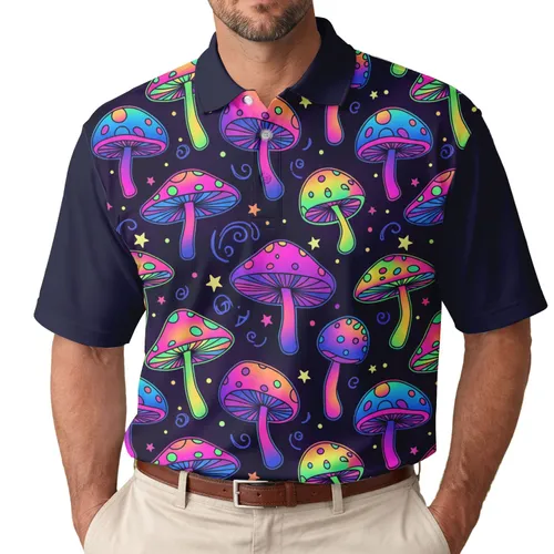 Polka Dot Striped Cap Mushrooms with Glowing Stars - Fantasy Lover Gift Men's Polo Shirt