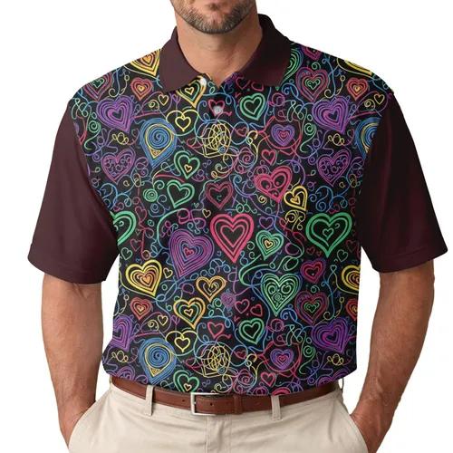 Vibrant Scattered Outlined Hearts Swirling Lines - Everyday Style Men's Polo Shirt