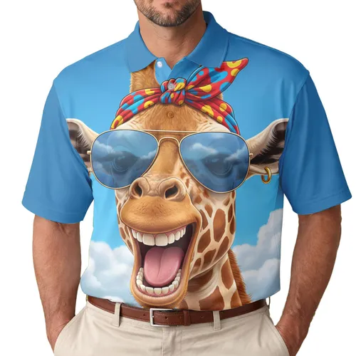 Comical Giraffe Head Sunglasses Bandana Clouds Sky - Wildlife Lover Gift Men's Polo Shirt