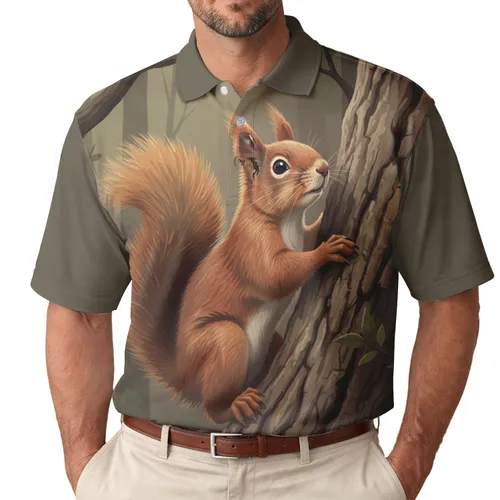 Red Squirrel Bushy Fur Climbing Tree Bark Natural Forest Scene - Wildlife Lover's Gift Men's Polo Shirt