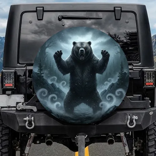 Grizzly Bear Standing Stormy Forest - Wildlife Lover Gift Spare Tire Cover