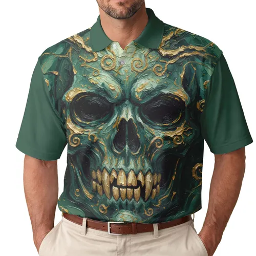 Golden Filigree Skull Mask, Dark Eye Sockets, Golden Teeth - Artistic Statement Apparel Collector Men's Polo Shirt