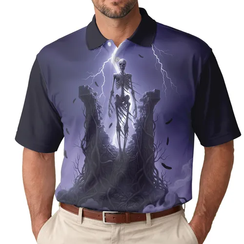 Skeletal Figure Gothic Castle Lightning Ravens Mist - Dark Fantasy Lover Gift Men's Polo Shirt