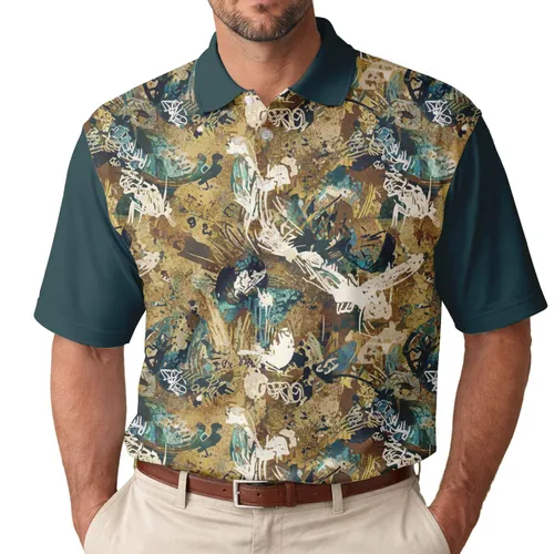 Gold Brown Blended Brushstrokes Splatters Scribbles Lines Field - Casual Everyday Wear Men's Polo Shirt