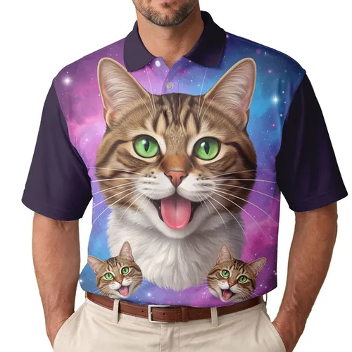 Comical Tabby Cat Green Eyes Pink Tongue Cosmic Galaxy Stars - Gift for Cat Lover Men's Polo Shirt