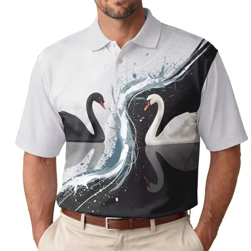 Black White Swan Diagonal Wave Reflections Divided Field - Wildlife Lover Gift Men's Polo Shirt