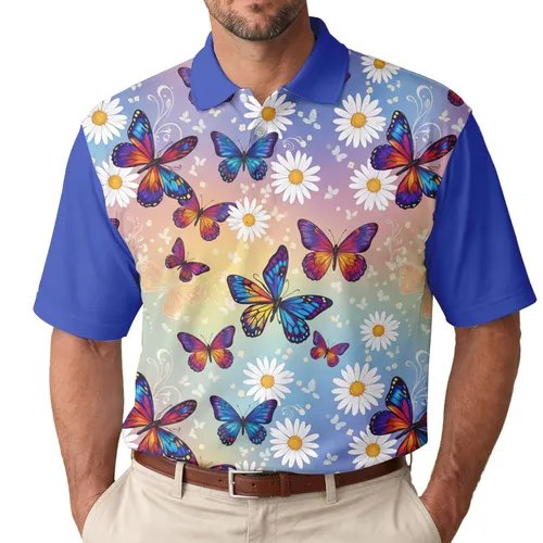 Flowing Vibrant Iridescent Wing Butterfly Daisy Blossom Floral - Nature Lover Gift Men's Polo Shirt