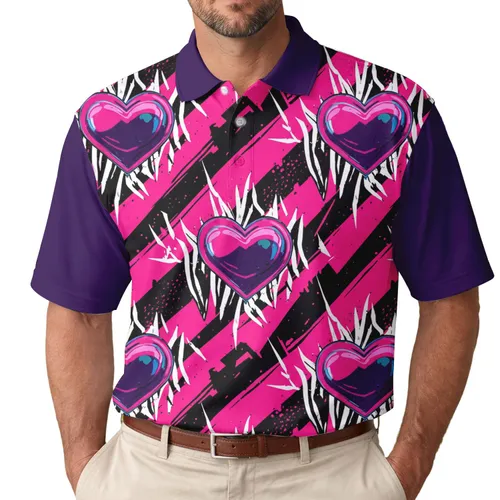 Fuchsia Heart Hot Pink Stripes Zebra - Y2K Grunge Fashion Wear Men's Polo Shirt