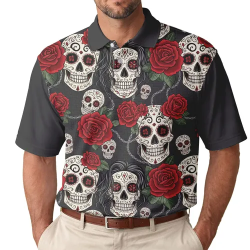 Sugar Skulls Roses Floral Chains - Gothic Lifestyle Gift for Gothic Lover Men's Polo Shirt