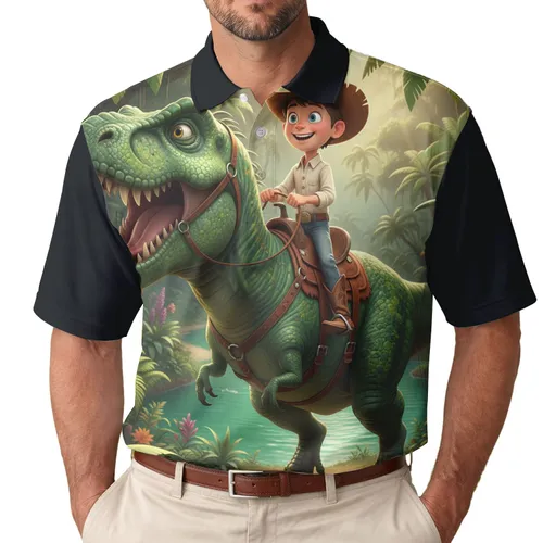 Cowboy Boy Riding Green Dinosaur - Tropical Jungle Adventure Gift for Kids Men's Polo Shirt