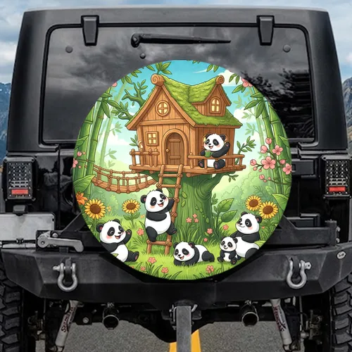 Panda Bears Treehouse Bamboo Wildflowers - Nature Lover Gift Spare Tire Cover
